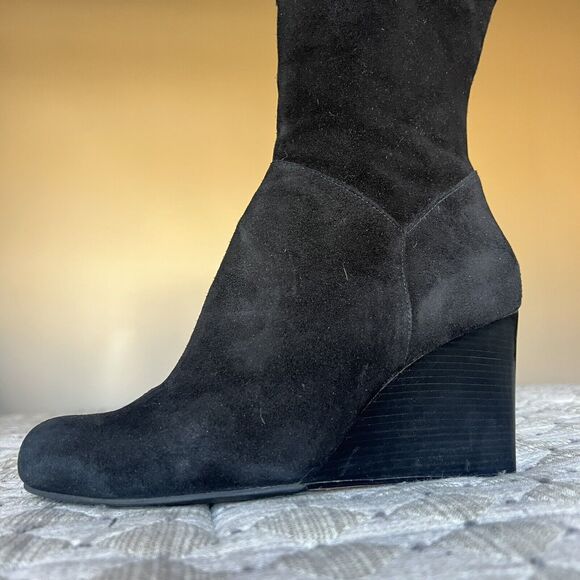 Cole Haan Cora Black Suede Wedge Heel Tall Boots Side Zip D38352 Women’s 8.5 M - Picture 2 of 16
